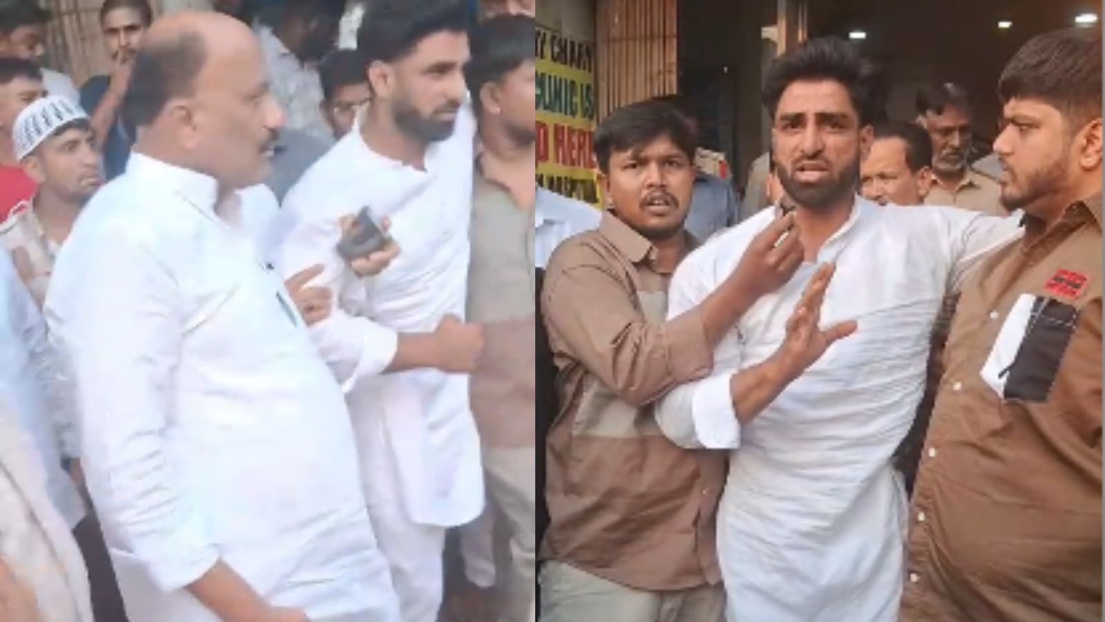 The images show Syed Rizwan speaking with media after he and Bahadurpura MLA Md Mubeen came out of Falaknuma police station on Friday, March 27, 2026.
