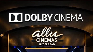 Entrance sign of Allu Cinemas in Hyderabad, showcasing Dolby Cinema branding.