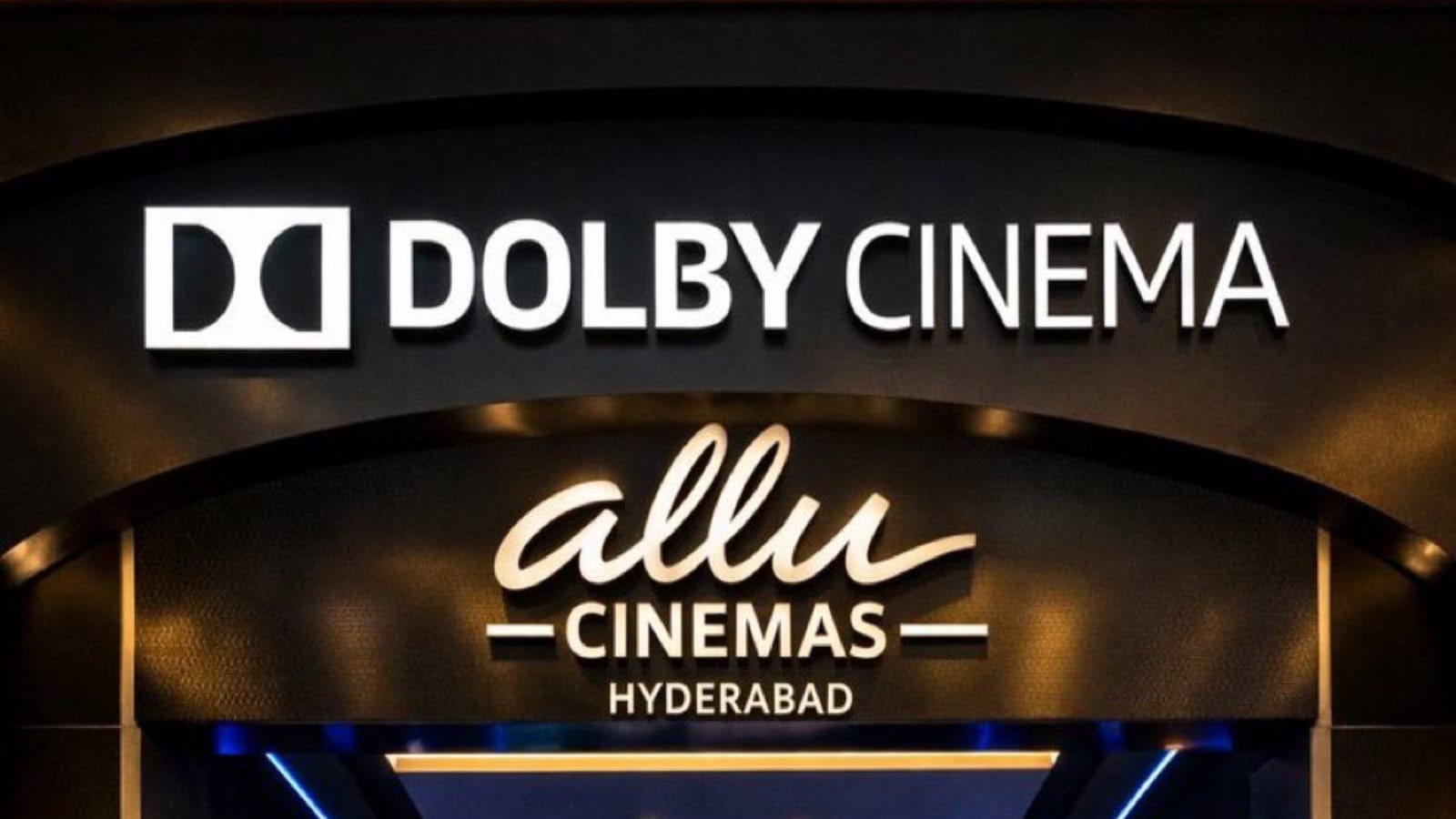 Entrance sign of Allu Cinemas in Hyderabad, showcasing Dolby Cinema branding.