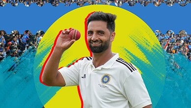 Auqib Nabi celebrating with cricket ball, highlighting his fast bowling talent for Indian cricket team.