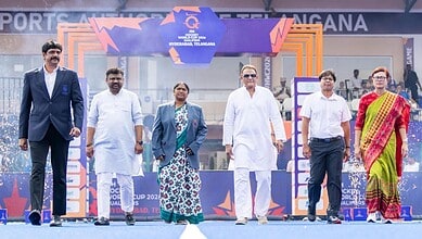 Mohammed Azharuddin attends FIH Women’s Hockey World Cup qualifiers in Hyderabad with officials and playe.