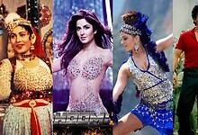 Four performers in elaborate costumes from Indian cinema, showcasing vibrant traditional and modern dance.