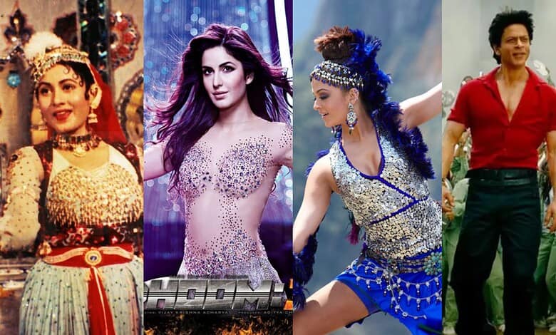 Four performers in elaborate costumes from Indian cinema, showcasing vibrant traditional and modern dance.