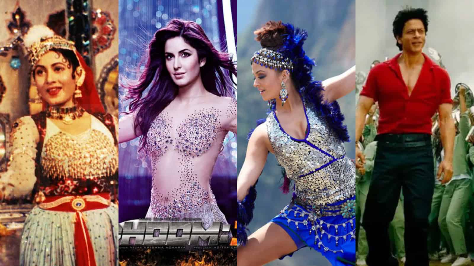 Four performers in elaborate costumes from Indian cinema, showcasing vibrant traditional and modern dance.