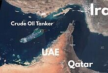 Aerial view of a large crude oil tanker navigating near Iran and the UAE, highlighting the impact of geop.