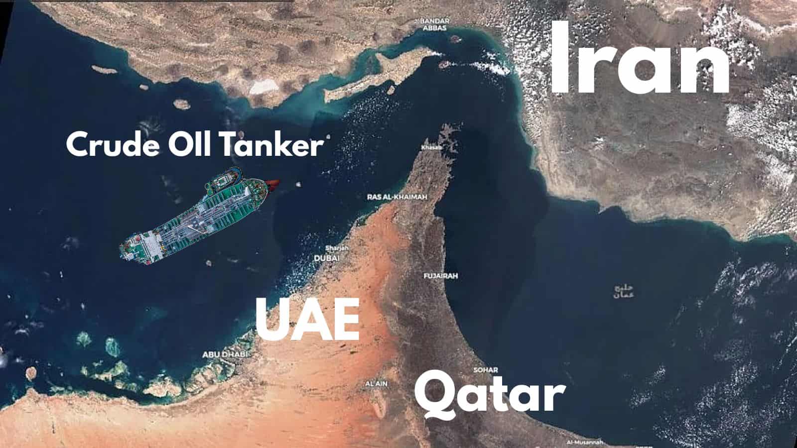 Aerial view of a large crude oil tanker navigating near Iran and the UAE, highlighting the impact of geop.