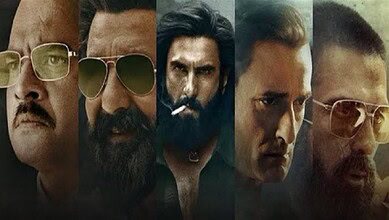 Main cast of Dhurandhar 2 with intense expressions, showcasing the film's dramatic theme.