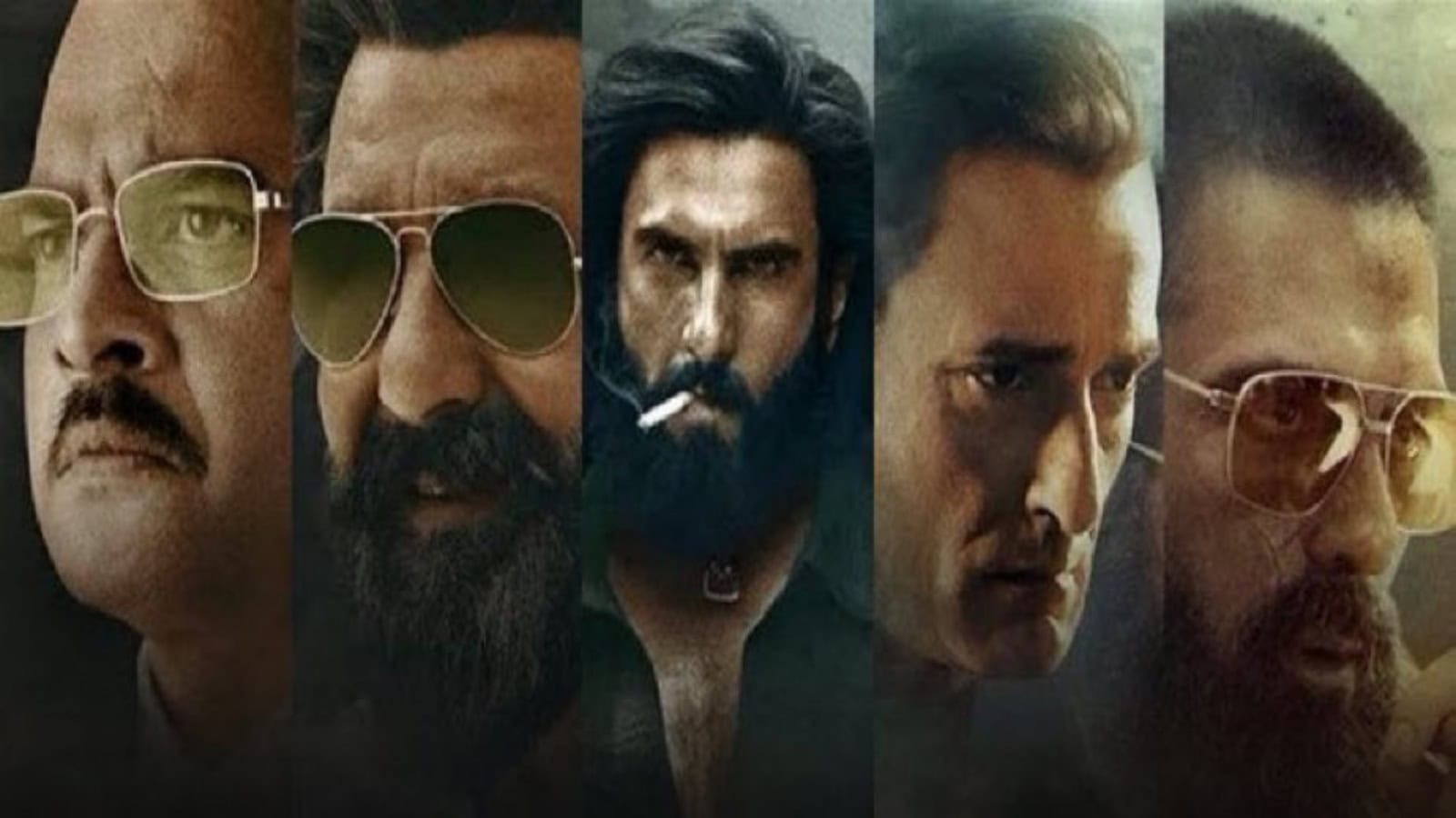 Main cast of Dhurandhar 2 with intense expressions, showcasing the film's dramatic theme.