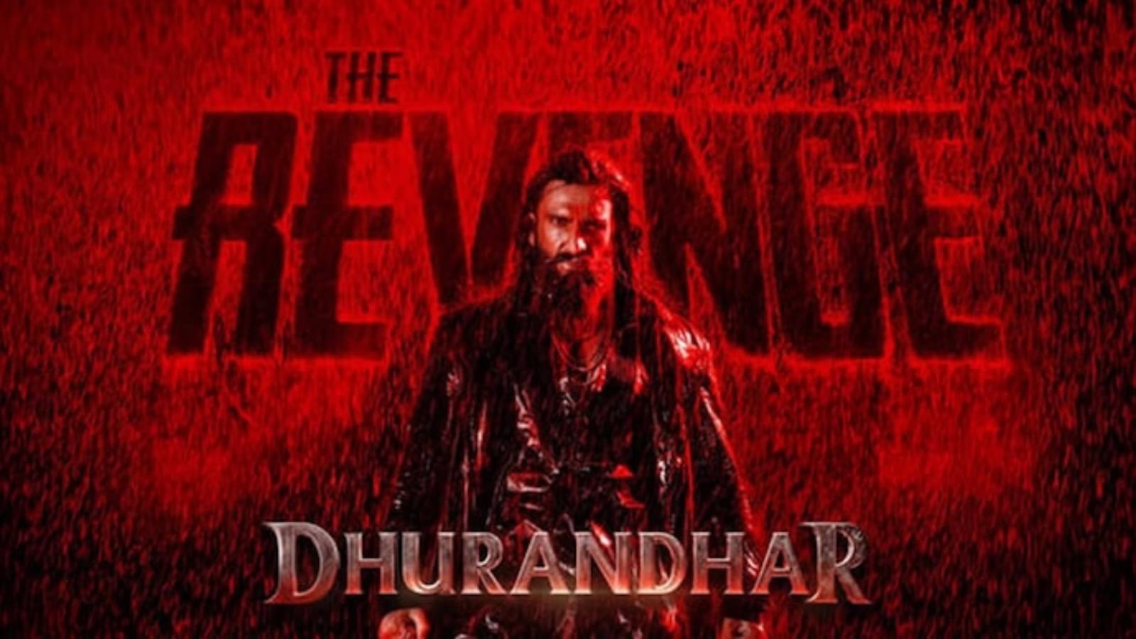 Promotional poster for Dhurandhar 2 trailer featuring a fierce character with a red background.