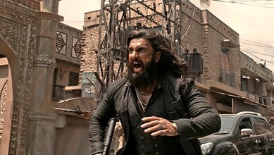 Dhurandhar 2 movie premiere in Hyderabad with intense action scene featuring a fierce character.