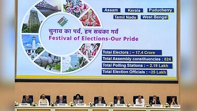 Map highlighting Bengal, Assam, Kerala, Tamil Nadu, Puducherry, and West Bengal election phases.