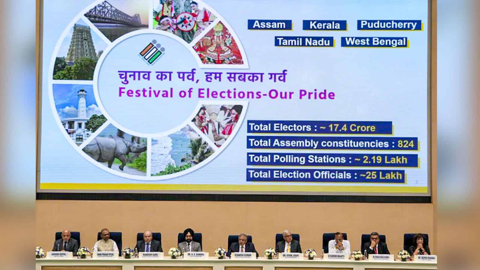 Map highlighting Bengal, Assam, Kerala, Tamil Nadu, Puducherry, and West Bengal election phases.