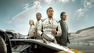 F1: The Movie screening at Hyderabad cinemas, featuring race car drivers and aerial stunt planes in the s.