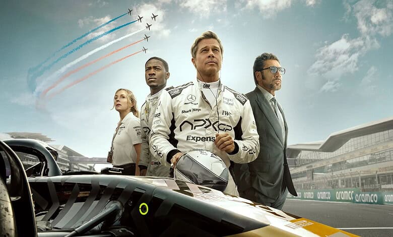 F1: The Movie screening at Hyderabad cinemas, featuring race car drivers and aerial stunt planes in the s.
