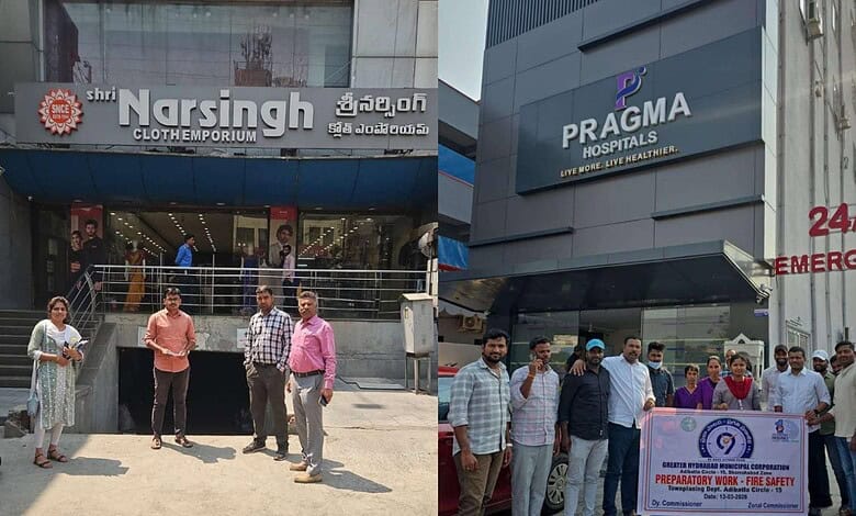 Group of people standing outside Shri Narsingh Cloth Emporium and Pragma Hospitals in Hyderabad.