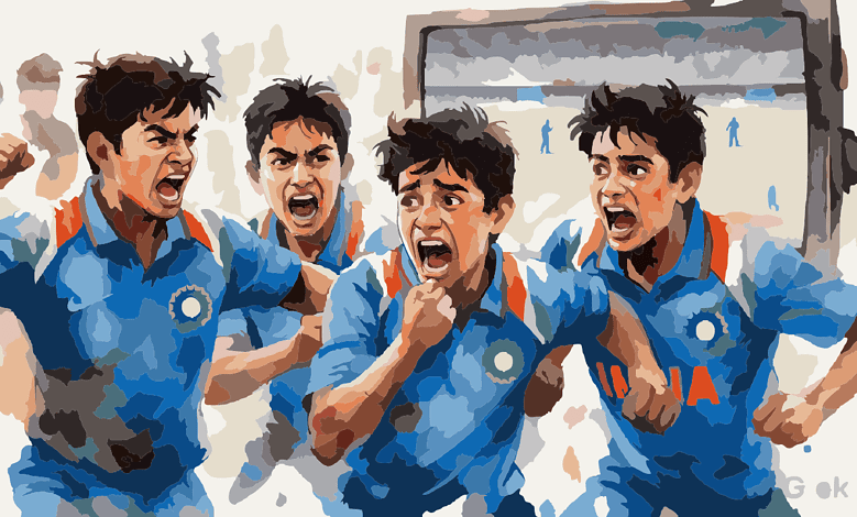 Indian cricket fans cheering passionately during a match.
