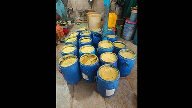 Blue barrels filled with seized adulterated ginger garlic paste in a storage area.