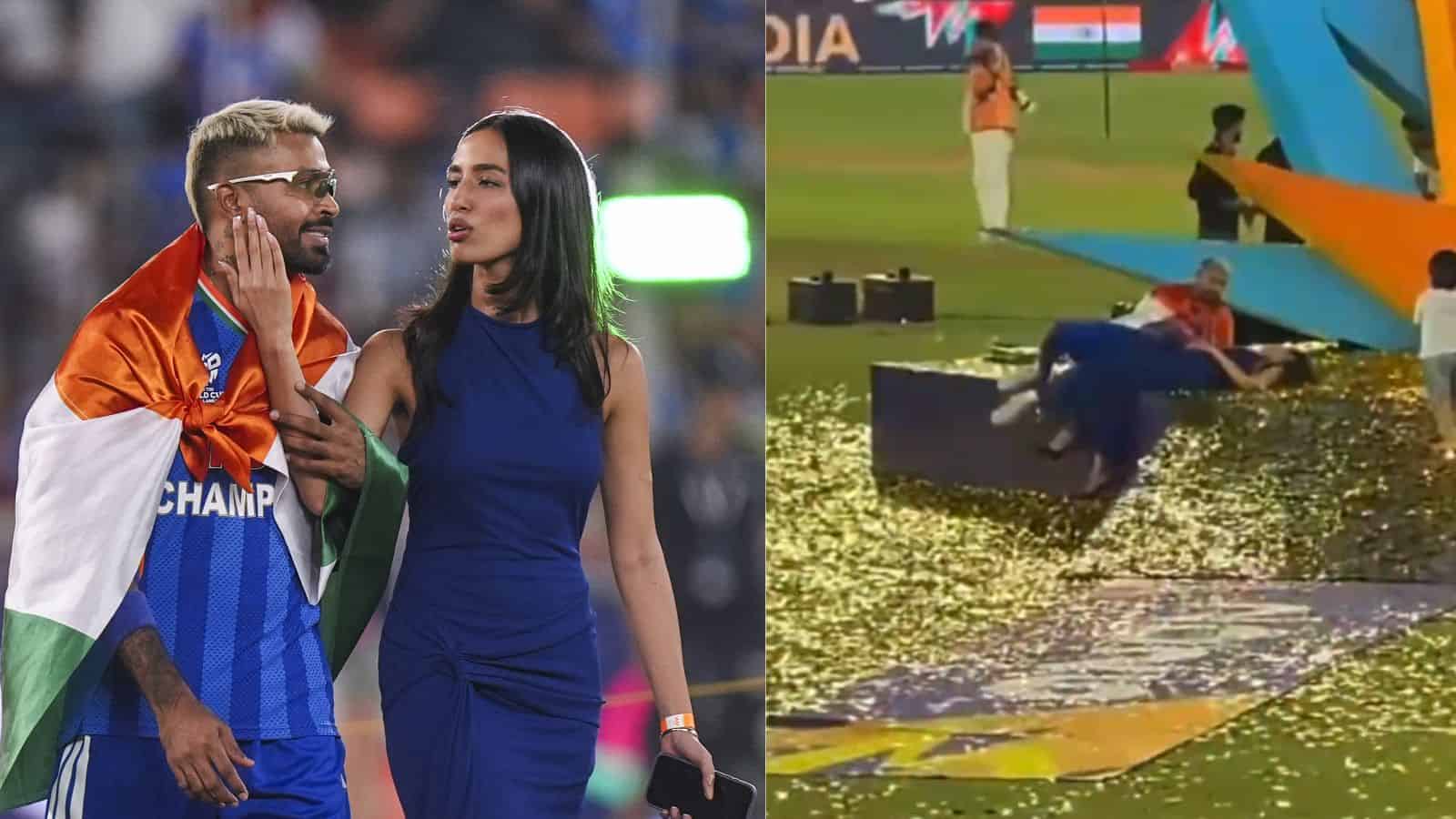 Cricket player Hardik Pandya and a woman at a public event, with a focus on the controversy involving the.
