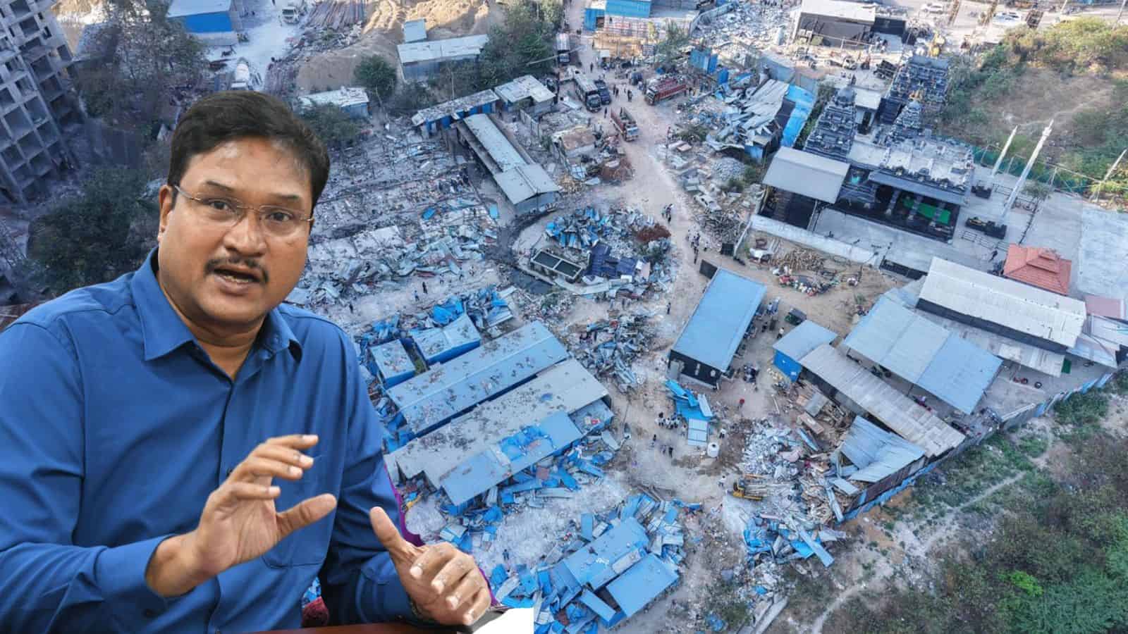 Aerial view of Hydraa's anti-encroachment operation targeting illegal structures in Hyderabad, India.