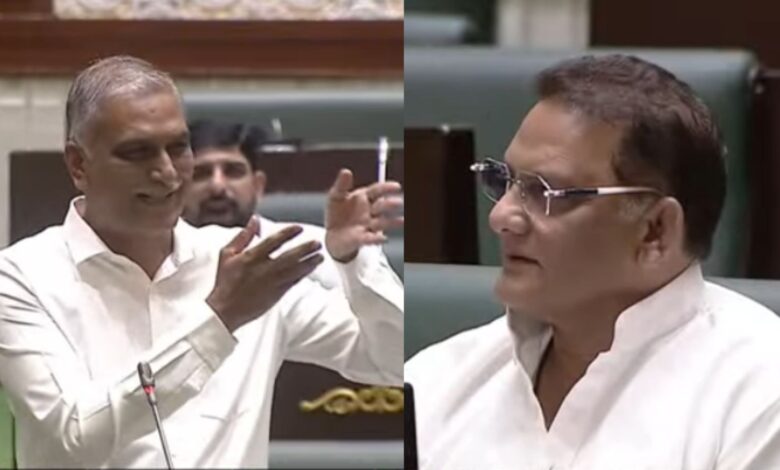 Siddipet MLA T Harish Rao expresses doubts over the intentions of the Congress government for making Mohammad Azharuddin the minorities welfare minister, during the assembly session held on Wednesday, March 25, 2026.