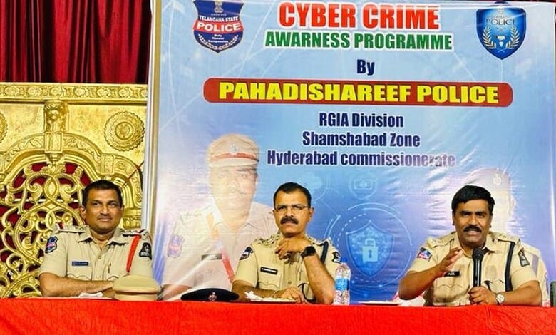 Cyber Crime Awareness Program by Pahadishareef Police at Tukkuguda, Hyderabad, focusing on cyber safety a.