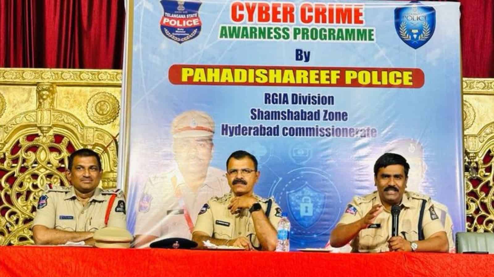 Cyber Crime Awareness Program by Pahadishareef Police at Tukkuguda, Hyderabad, focusing on cyber safety a.