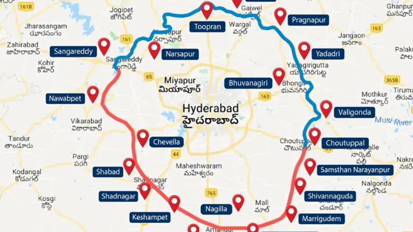 Hyderabad city map highlighting major locations and routes for travel and navigation.