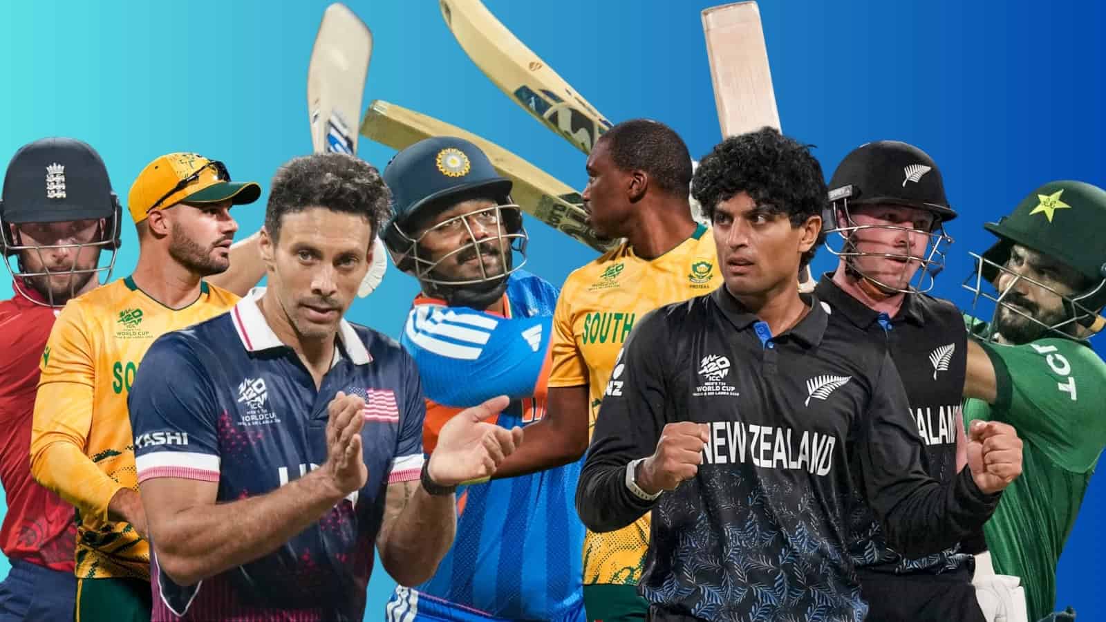 Cricket players celebrating after a match, with a blue sky background.