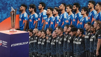 Indian cricket team players standing in a line before the T20 World Cup final.