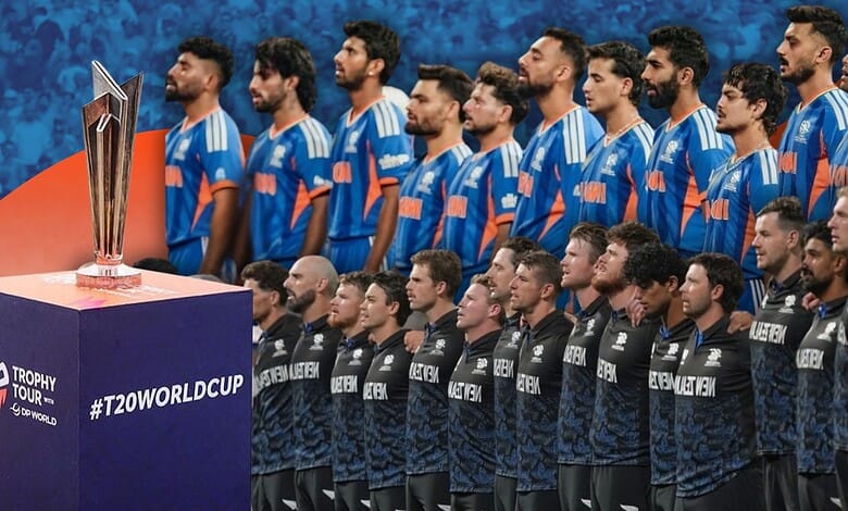 Indian cricket team players standing in a line before the T20 World Cup final.
