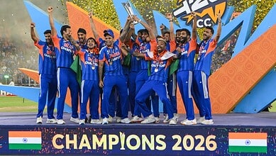 India cricket team celebrating victory at the Champions 2026 event.
