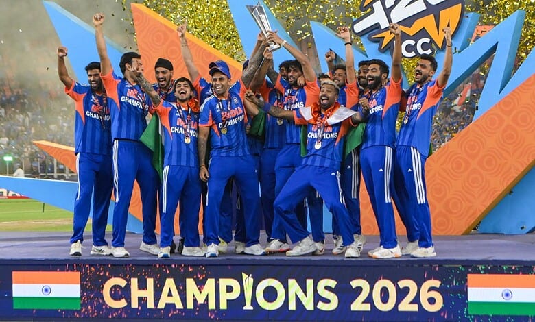 India cricket team celebrating victory at the Champions 2026 event.