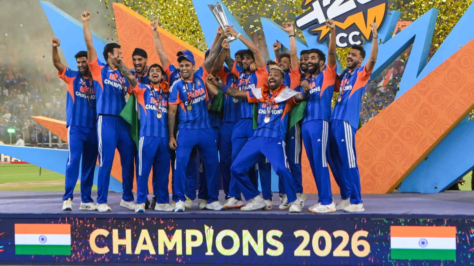 India cricket team celebrating victory at the Champions 2026 event.