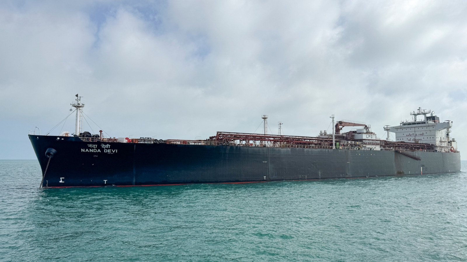 Indian-flagged LPG carrier Nanda Devi, carrying 46,500 MT LPG for ship-to-ship transfer, arrives at Vadinar port, in Gujarat