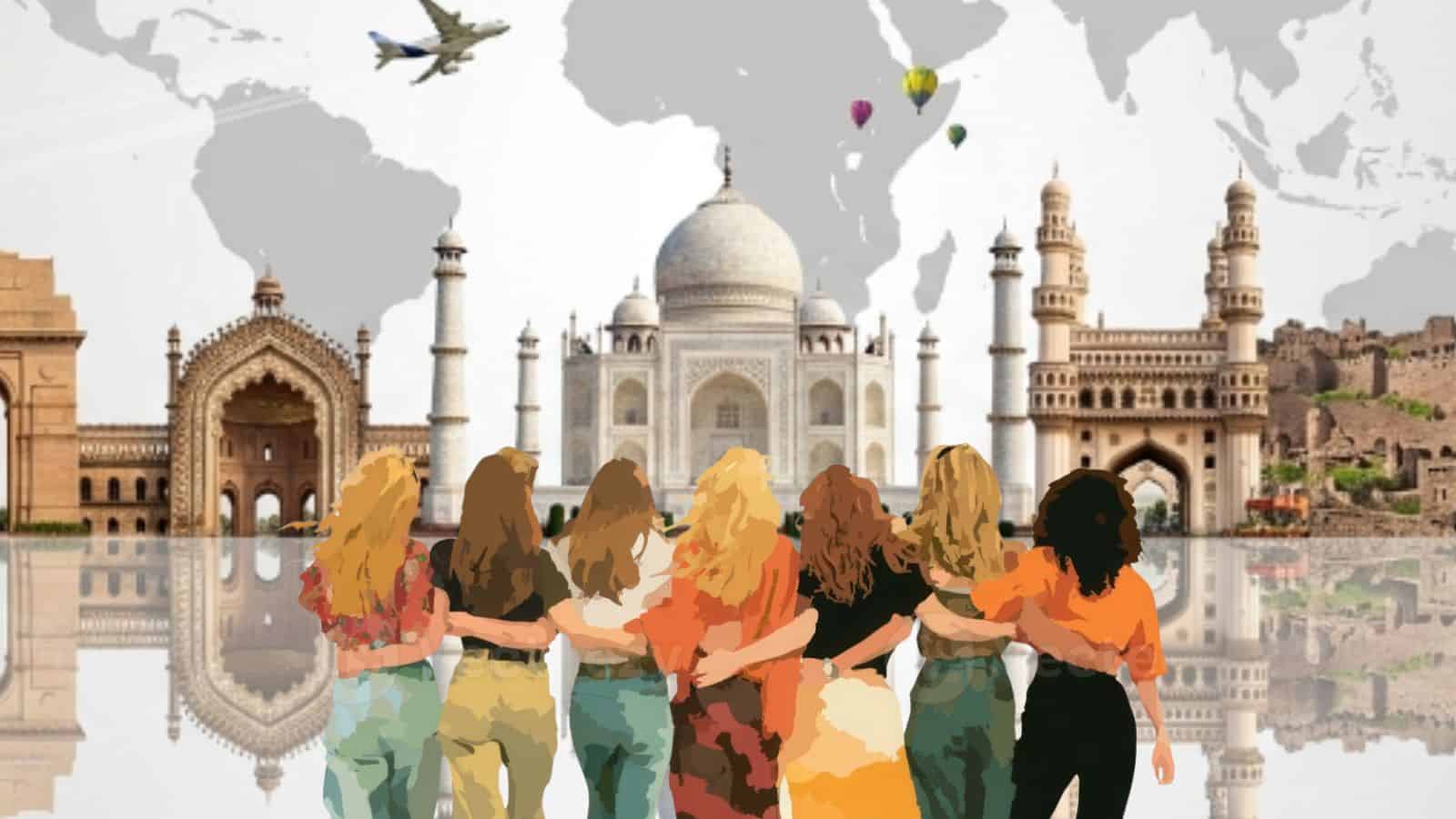 Women exploring Indian monuments, showcasing empowerment and travel influence across borders.