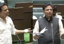 The image shows BRS Working President KTR and Legislative Affairs Minister debating Hyderabad Metro takeover from L&T by Congress government in the Telangana assembly session on Thursday, March 26, 2026.