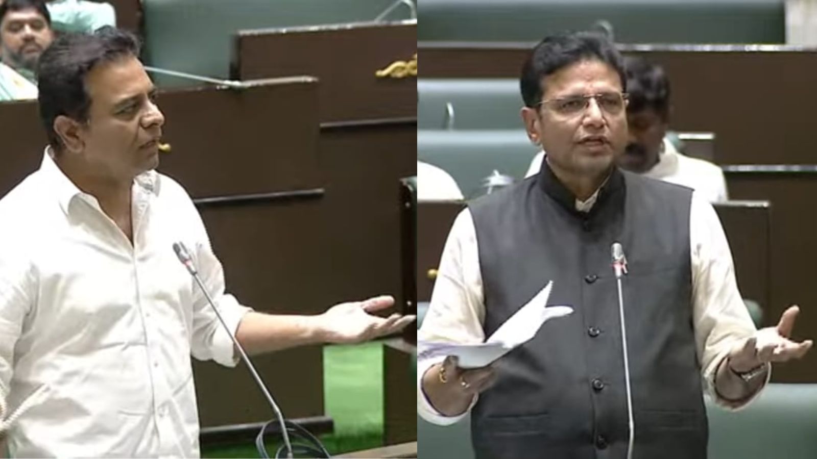 The image shows BRS Working President KTR and Legislative Affairs Minister debating Hyderabad Metro takeover from L&T by Congress government in the Telangana assembly session on Thursday, March 26, 2026.