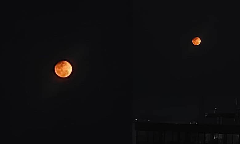 Blood Moon during total lunar eclipse over Hyderabad sky.