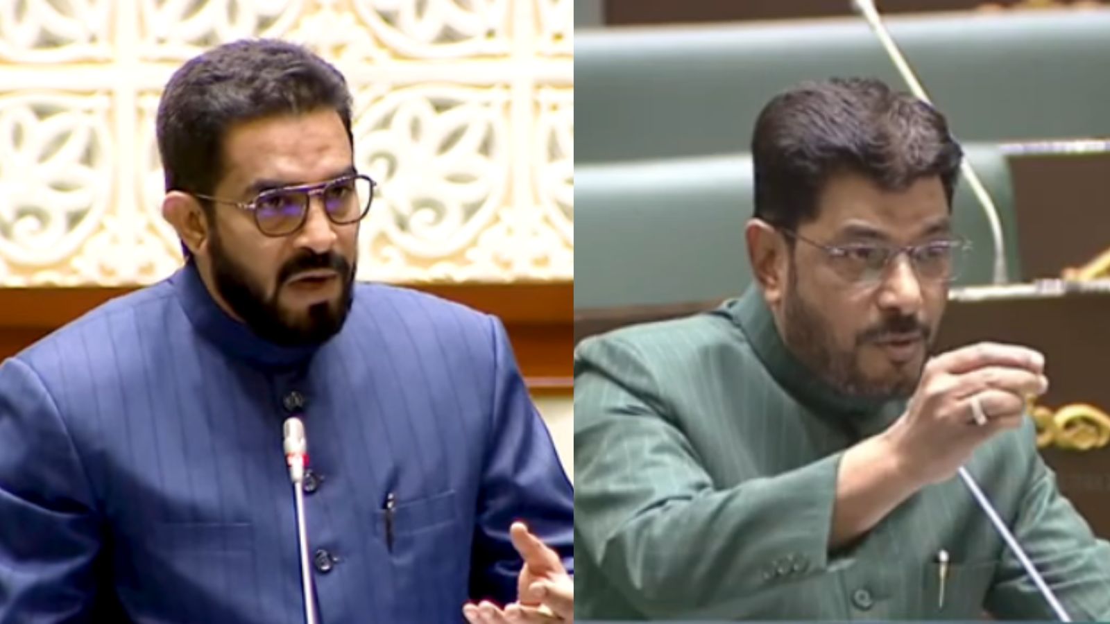 AIMIM MLAs Md Majid Hussain and Jaffar Hussain Meraj speak during the Telangana assembly session on Wednesday, March 18.