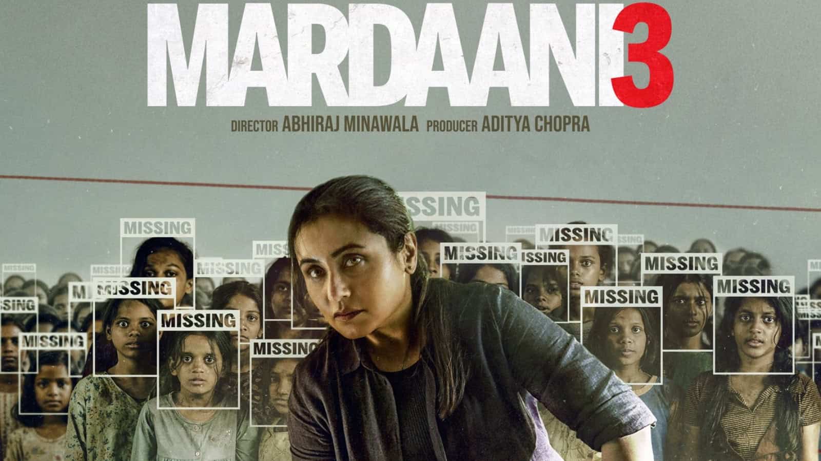 Promotional poster for Mardaani 3 featuring a female police officer and missing children.