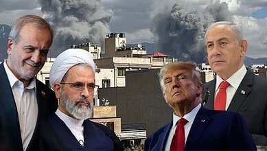 Leaders of India and the US stand together during a crisis with smoke rising behind them.