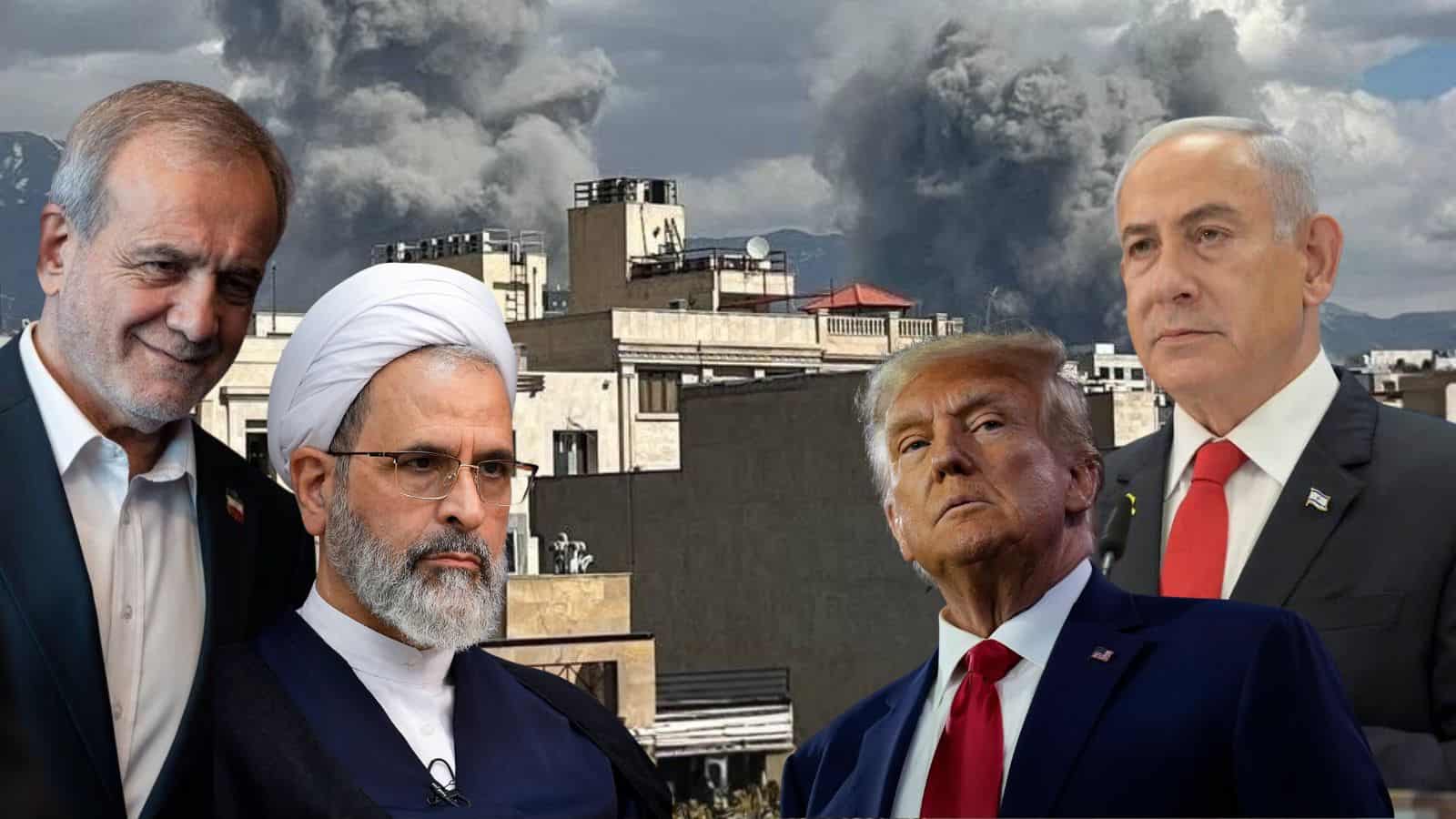 Leaders of India and the US stand together during a crisis with smoke rising behind them.