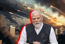 Indian Prime Minister Modi amid missile strikes and city destruction during conflict.