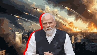 Indian Prime Minister Modi amid missile strikes and city destruction during conflict.