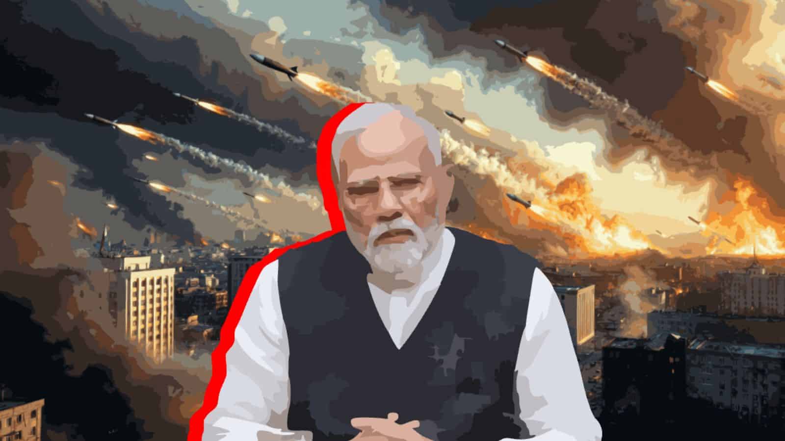 Indian Prime Minister Modi amid missile strikes and city destruction during conflict.