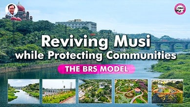 Aerial view of Musi River with greenery and urban landscape, highlighting community-led river conservatio.