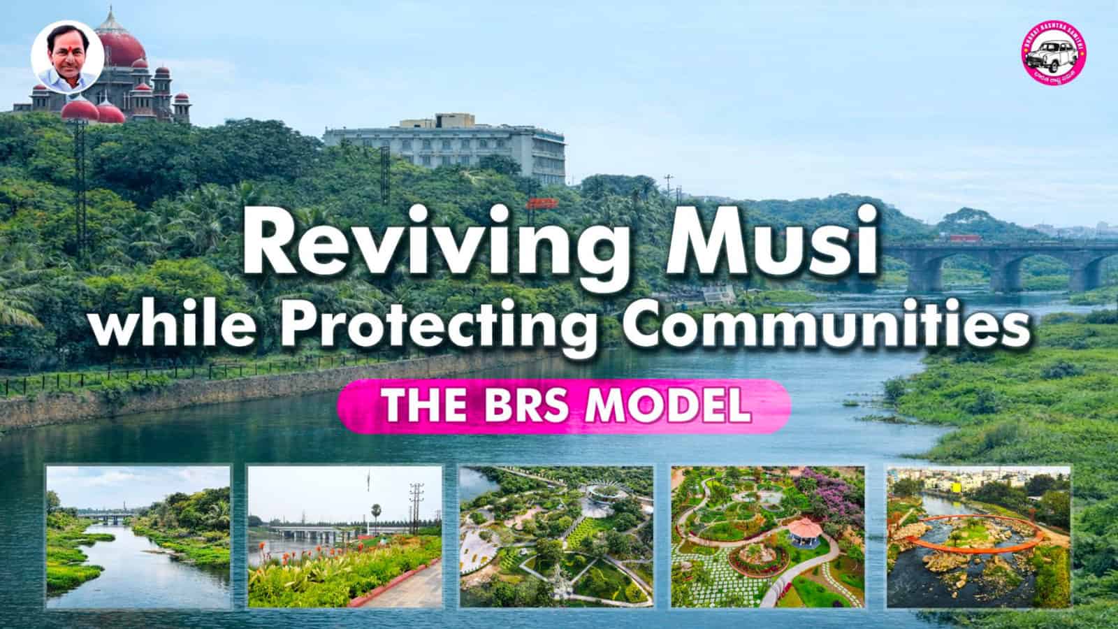 Aerial view of Musi River with greenery and urban landscape, highlighting community-led river conservatio.