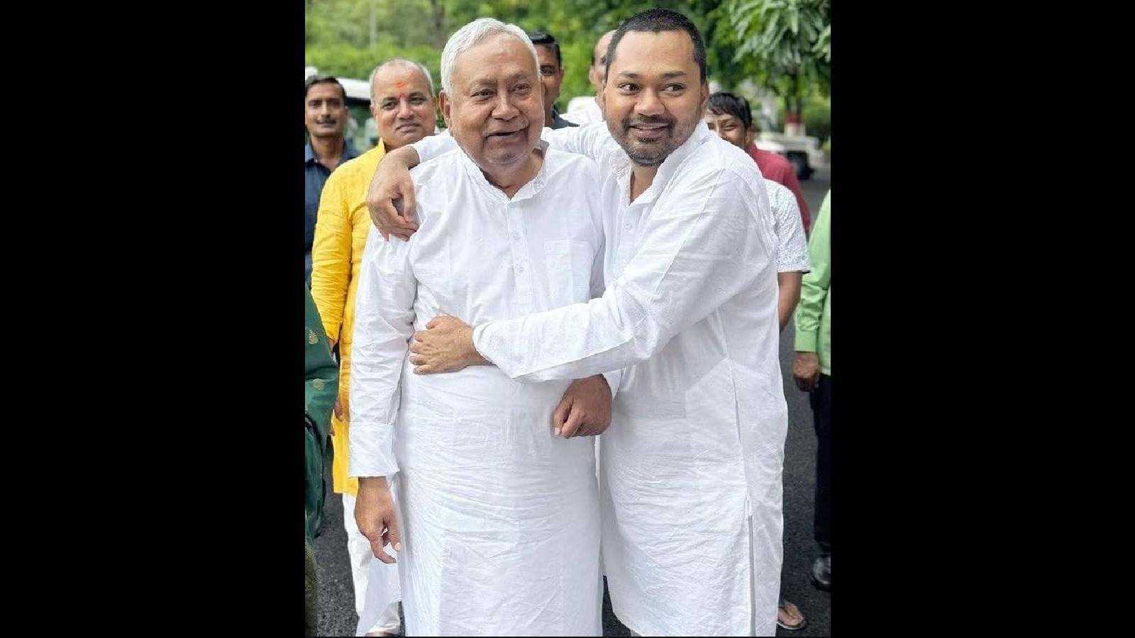 Bihar leaders Nitish Kumar and Nishant at JD(U) joining event in Patna.