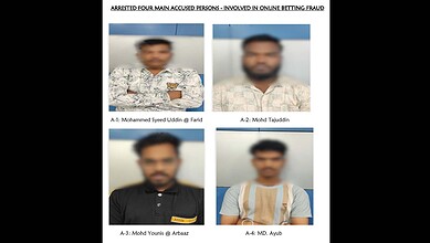 Suspected online betting fraudsters in Hyderabad, arrested for duping a man of Rs 1.5 crore, shown in pol.