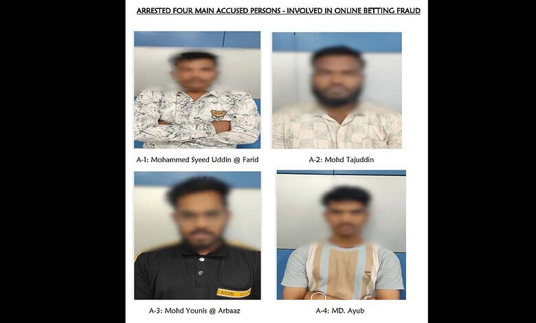 Suspected online betting fraudsters in Hyderabad, arrested for duping a man of Rs 1.5 crore, shown in pol.